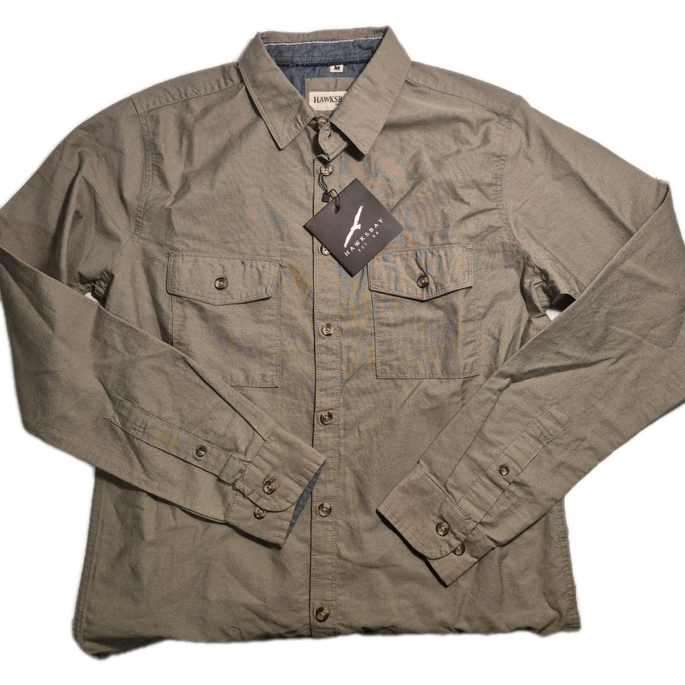 NWT Hawksbay Men's Medium Button Up Shirt Long Sleeve Olive Green 100% Cotton